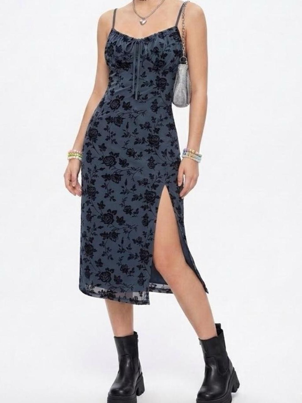 Inspired Hearts Slate Blue Flocked Velvet Floral Midi Dress Medium NWOT